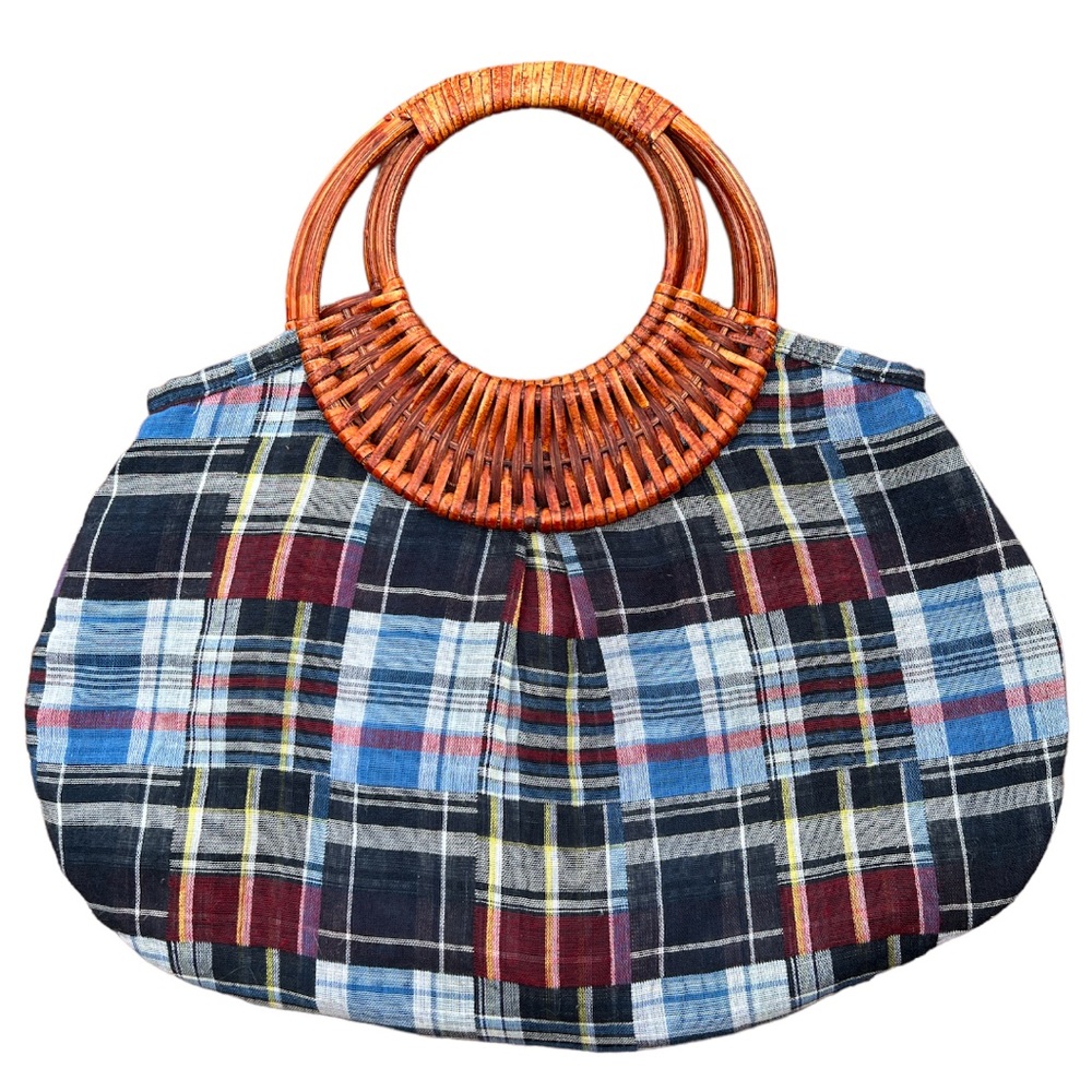 Preppy Madras Plaid Light Purse with Wicker Handles